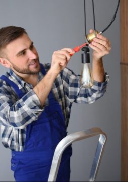Electrician with screwdriver repairing ceiling lamp indoors. Space for text Electrician with screwdriver repairing ceiling lamp indoors. Space for text